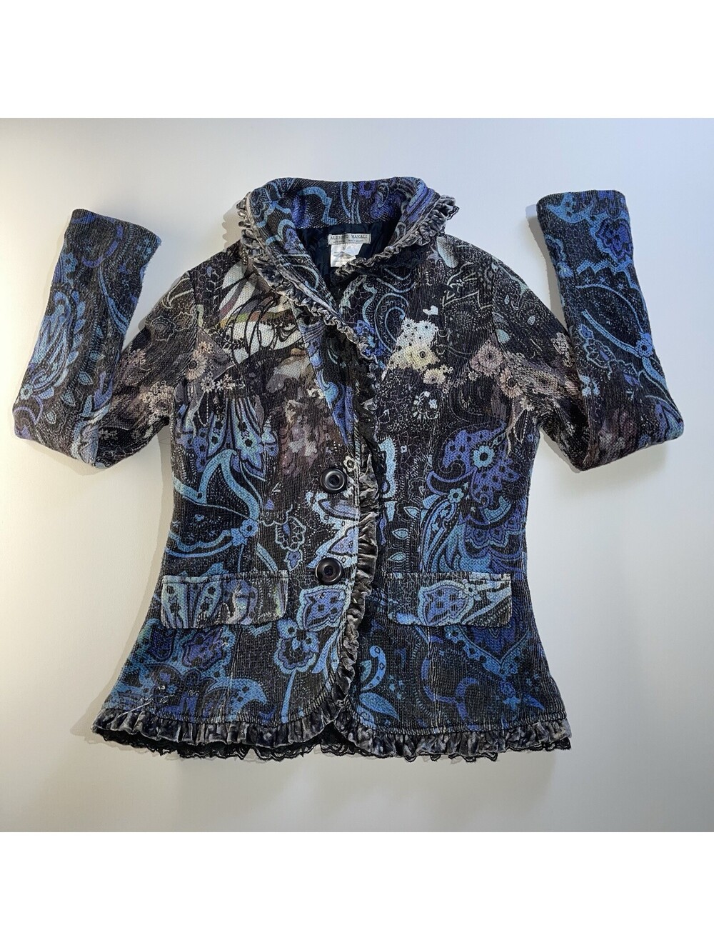 Alberto Makali Women’s S Paisley Knit Cardigan Sweater Blue Black Angora Lace